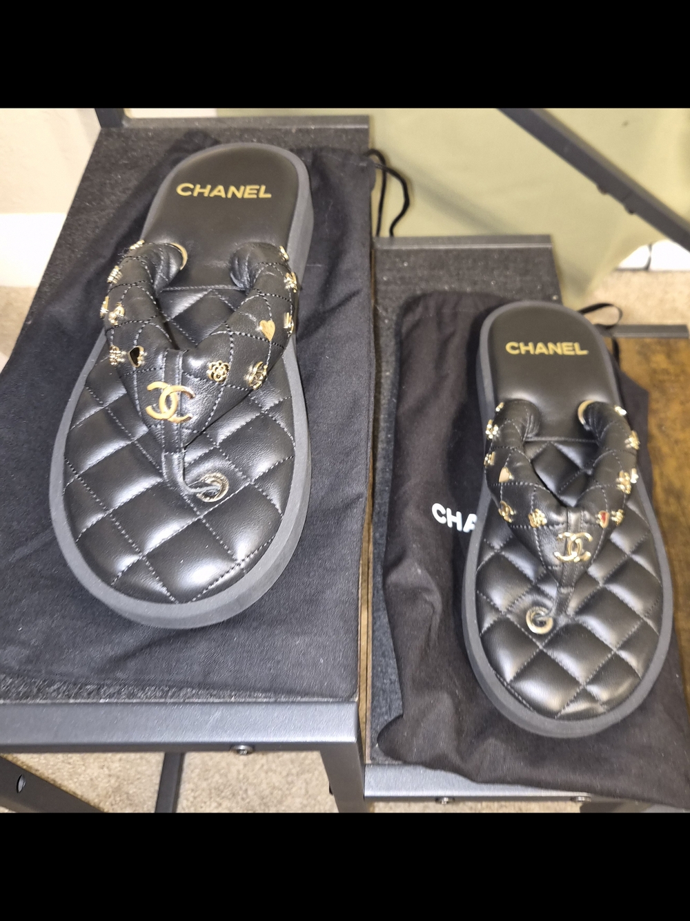 CHANEL Black Rubber Logo Thong Sandals with Gold Accent